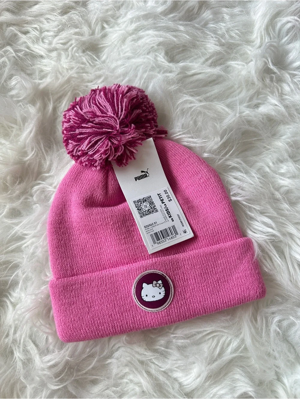 Puma Kids Pink Pom Beanie with Hello Kitty Patch